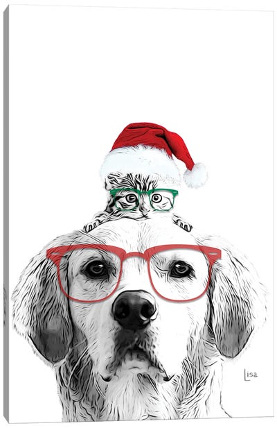 Christmas Cat And Dog With Glasses And Hat Canvas Art Print - Christmas Animal Art