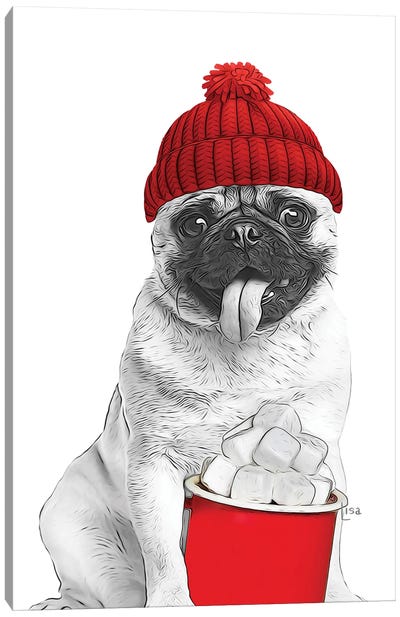 Christmas Pug With Glasses And Hat Canvas Art Print - Pug Art