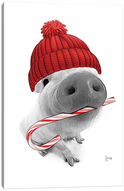 Christmas Pig With Hat Canvas Art Print - Holiday Eats & Treats