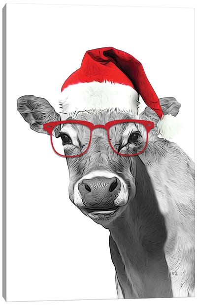 Christmas Cow With Glasses And Hat Canvas Art Print - Printable Lisa's Pets