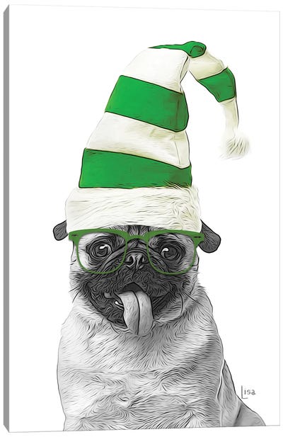 Green Christmas Pug Canvas Art Print - Printable Lisa's Pets
