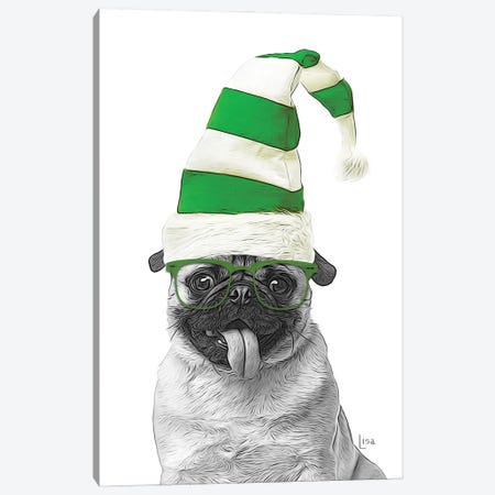 Green Christmas Pug Canvas Print #LIP235} by Printable Lisa's Pets Canvas Art