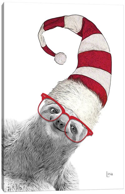 Christmas Sloth With Glasses And Hat Canvas Art Print - Sloth Art