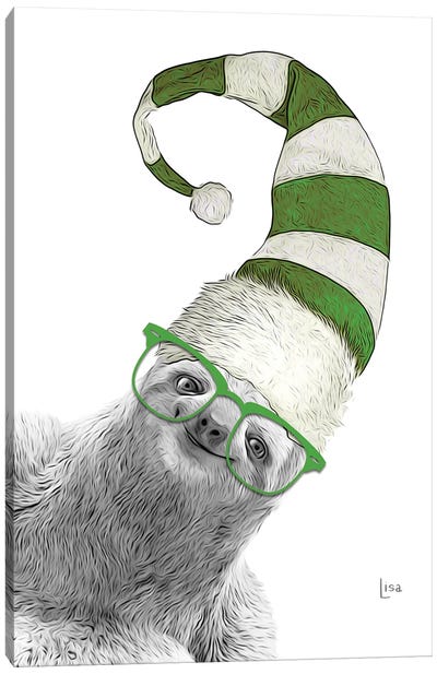 Green Christmas Sloth Canvas Art Print - Sloth Art