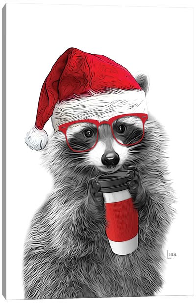 Christmas Raccoon Canvas Art Print - Coffee Art