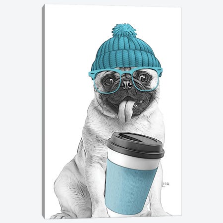 Pug With Blue Coffee Cup Canvas Print #LIP243} by Printable Lisa's Pets Canvas Art