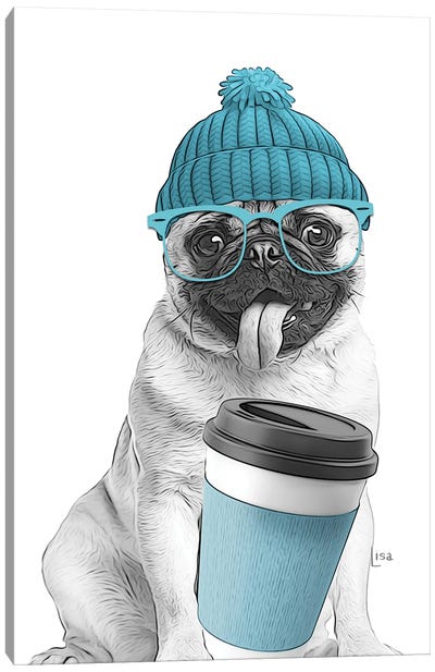 Pug With Blue Coffee Cup Canvas Art Print - Pug Art