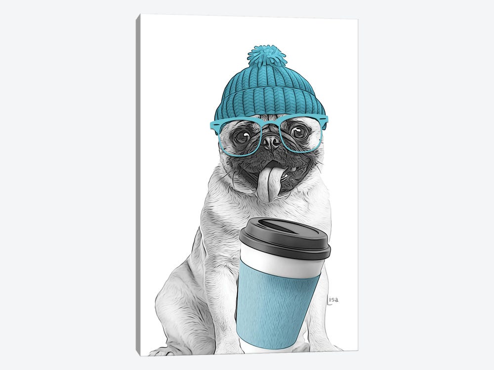 Pug With Blue Coffee Cup by Printable Lisa's Pets 1-piece Canvas Print
