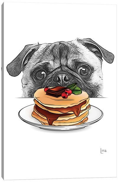 Pug With Pancakes Canvas Art Print - American Cuisine Art