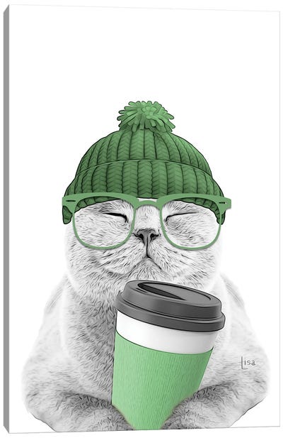 Cat With Green Coffee Cup Canvas Art Print - Coffee Art