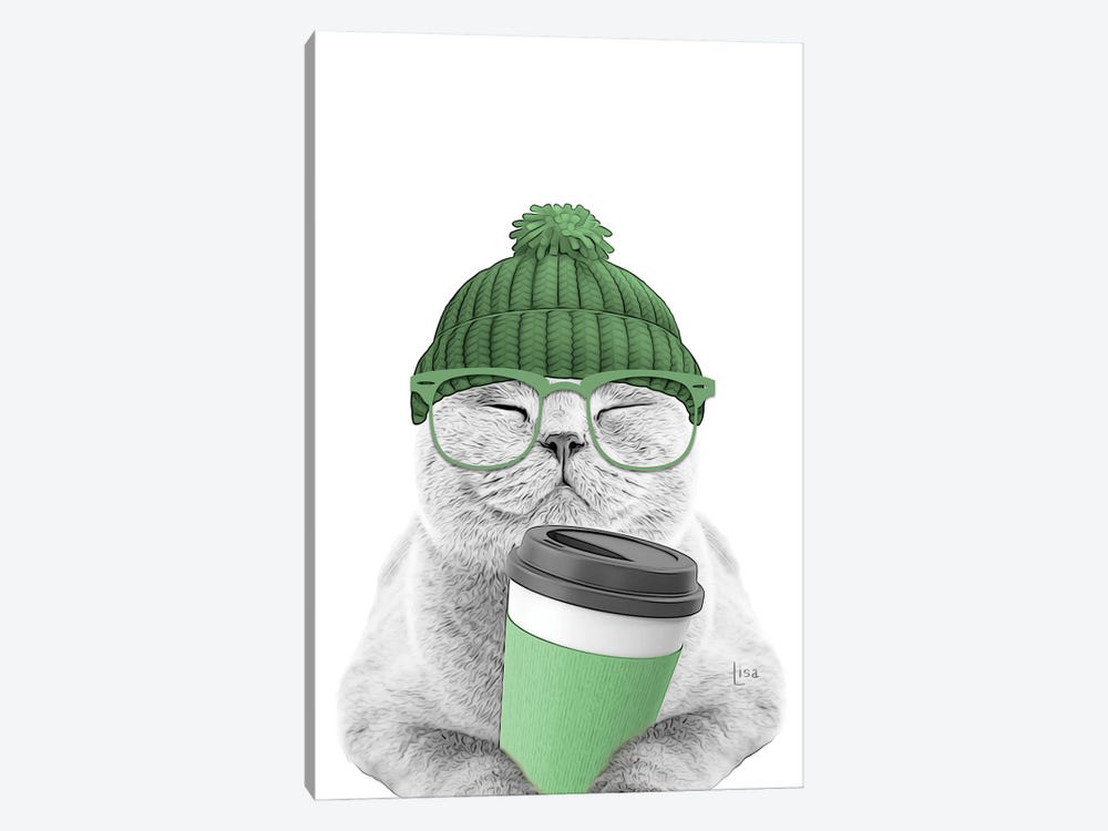 Cat With Green Coffee Cup by Printable Lisa's Pets 1-piece Canvas Art Print