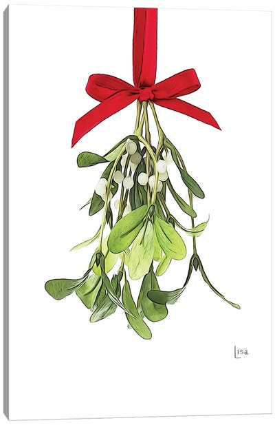 Mistletoe With Red Bow Canvas Art Print - Farmhouse Christmas Décor