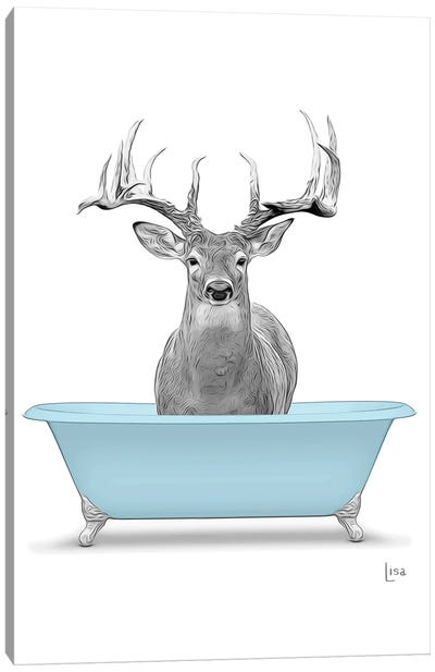 Deer In Bathtub Canvas Art Print - Black, White & Blue Art