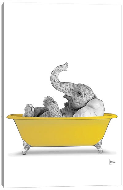 Elephant In Yellow Bathtub Canvas Art Print - Black, White & Yellow Art