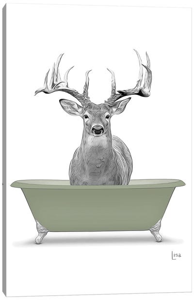 Deer In Green Bathtub Canvas Art Print - Bathroom Humor Art