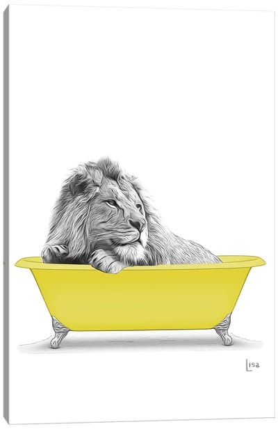 Lion In Yellow Bathtub Canvas Art Print - Black, White & Yellow Art