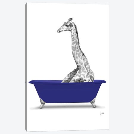 Giraffe In Bathtub - Blue Canvas Print #LIP274} by Printable Lisa's Pets Canvas Wall Art