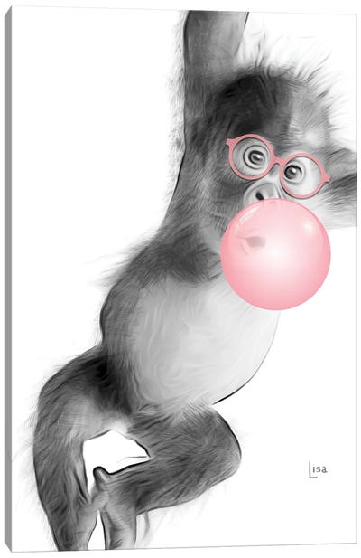Monkey With Pink Bubble Canvas Art Print - Candy Art