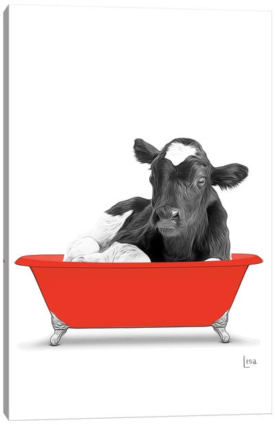 Cow In Red Bathtub Canvas Art Print - Printable Lisa's Pets