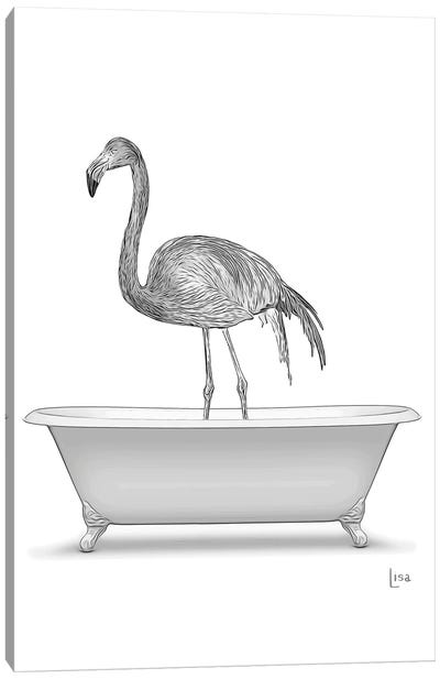 Flamingo In Bw Bathtub Canvas Art Print - Flamingo Art