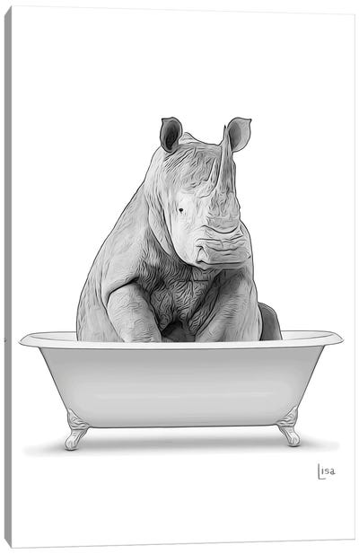 Rhinoceros In Bathtub Canvas Art Print - Black & White Animal Art