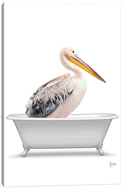 Colored Pelican In Bathtub Canvas Art Print - Pelican Art