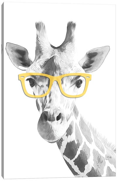Giraffe With Yellow Glasses Canvas Art Print - Black, White & Yellow Art