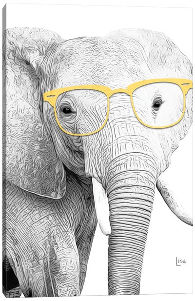 Elephant With Yellow Glasses Canvas Art Print - Black, White & Yellow Art