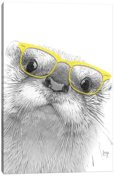 Otter With Yellow Glasses Canvas Art Print - Black, White & Yellow Art