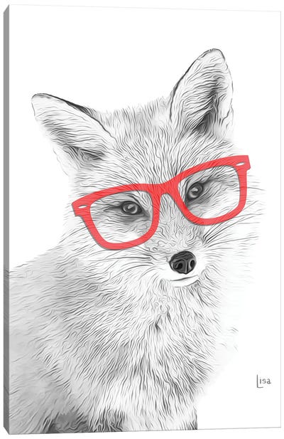 Fox With Red Glasses Canvas Art Print - Black, White & Red Art