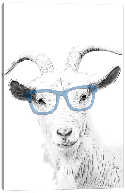 Goat With Blue Glasses Canvas Art Print - Black, White & Blue Art