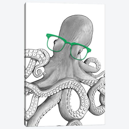 Octopus With Green Glasses Canvas Print #LIP344} by Printable Lisa's Pets Canvas Art