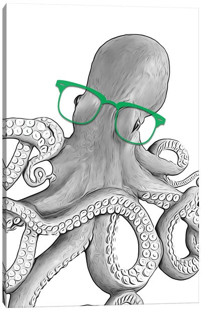 Octopus With Green Glasses Canvas Art Print - Octopus Art