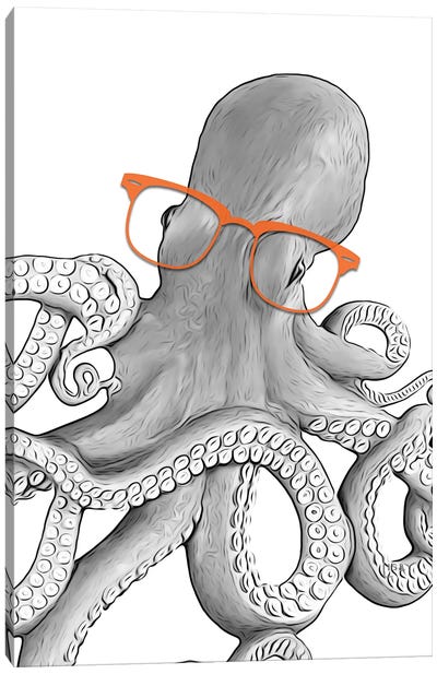 Octopus With Orange Glasses Canvas Art Print - Kids Ocean Life Art