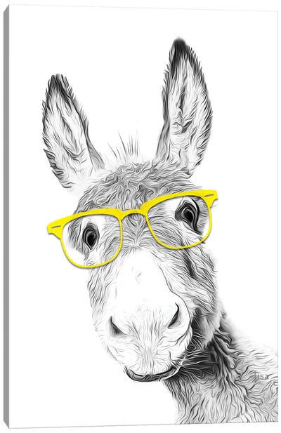 Donkey With Yellow Glasses Canvas Art Print - Black, White & Yellow Art