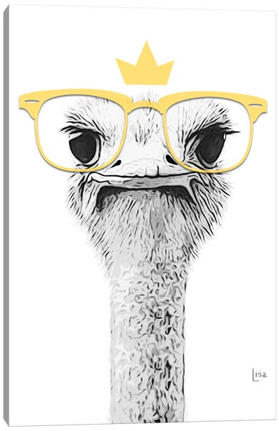 Ostrich With Yellow Glasses Canvas Art Print - Black, White & Yellow Art