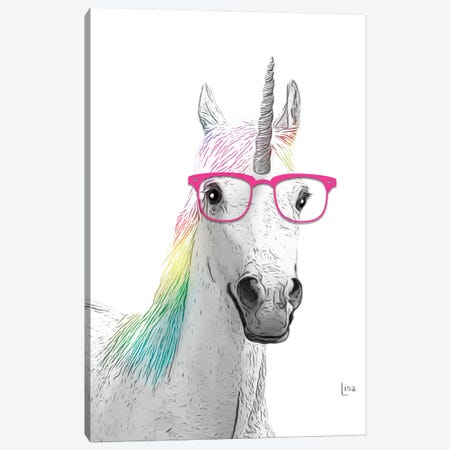 Colored Unicorn With Pink Glasses Canvas Print #LIP351} by Printable Lisa's Pets Canvas Wall Art