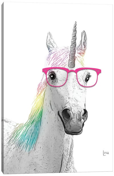Colored Unicorn With Pink Glasses Canvas Art Print - Friendly Mythical Creatures