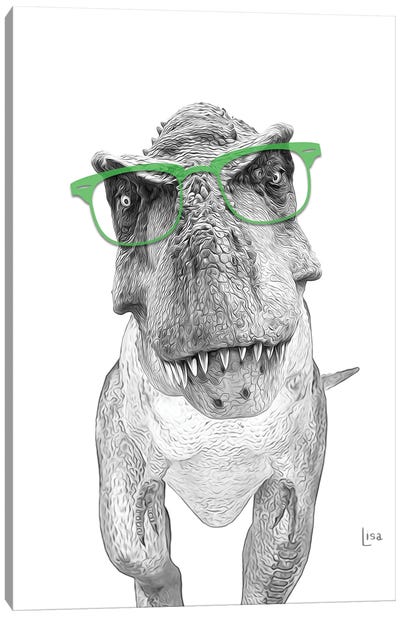 Trex Dino With Green Glasses Canvas Art Print - Kids Dinosaur Art