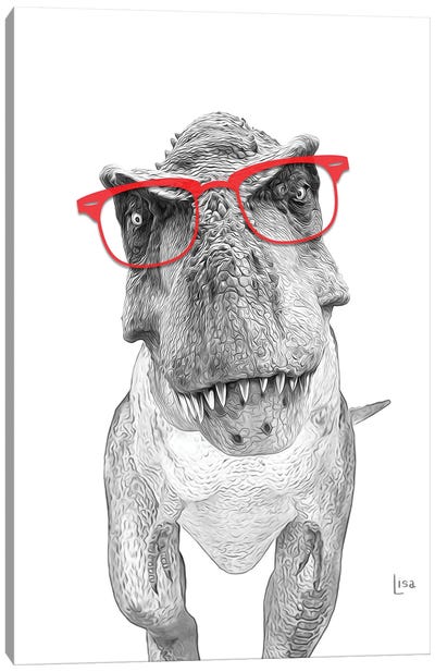 Trex Dino With Red Glasses Canvas Art Print - Black, White & Red Art