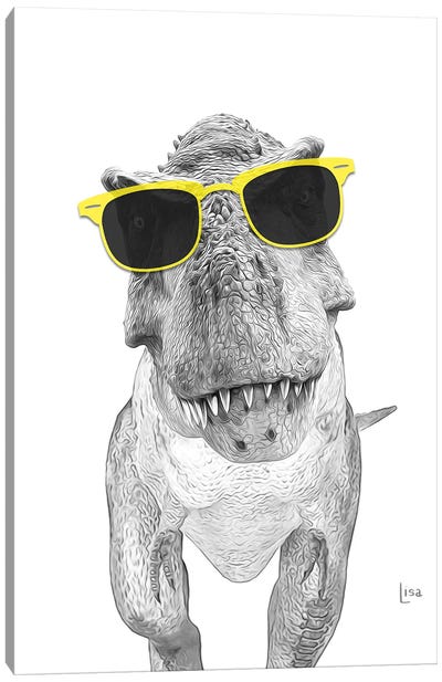 Trex Dino With Yellow Sunglasses Canvas Art Print - Dinosaur Art