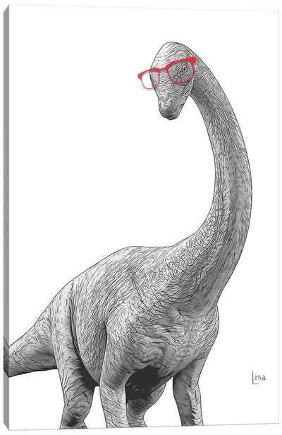 Apatosaurus With Red Glasses Canvas Art Print - Black, White & Red Art