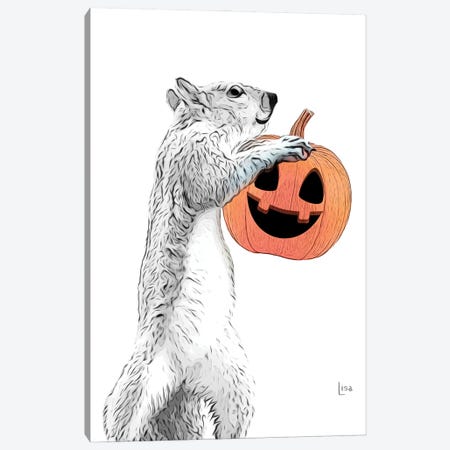 Black And White Squirrel With Halloween Pumpkin Canvas Print #LIP378} by Printable Lisa's Pets Canvas Wall Art