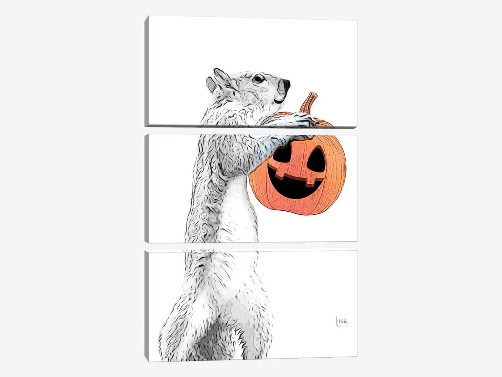 Black And White Squirrel With Halloween Pumpkin by Printable Lisa's Pets 3-piece Canvas Wall Art