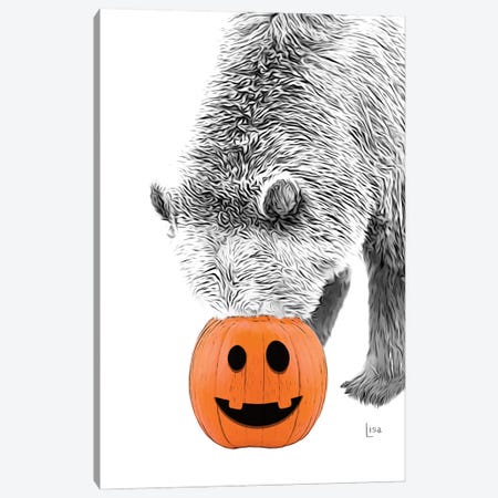 Black And White Bear With Halloween Pumpkin Canvas Print #LIP379} by Printable Lisa's Pets Canvas Artwork