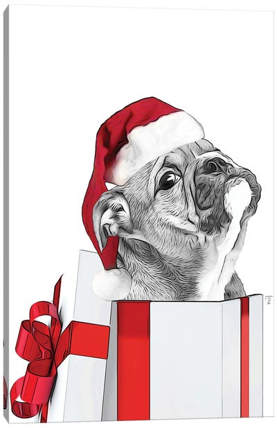 Bulldog With Christmas Hat, Christmas Gift Card Canvas Art Print - Bulldog Art