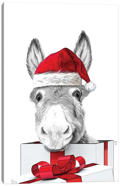 Donkey With Christmas Hat, Christmas Gift Card Canvas Art Print - Donkey Art