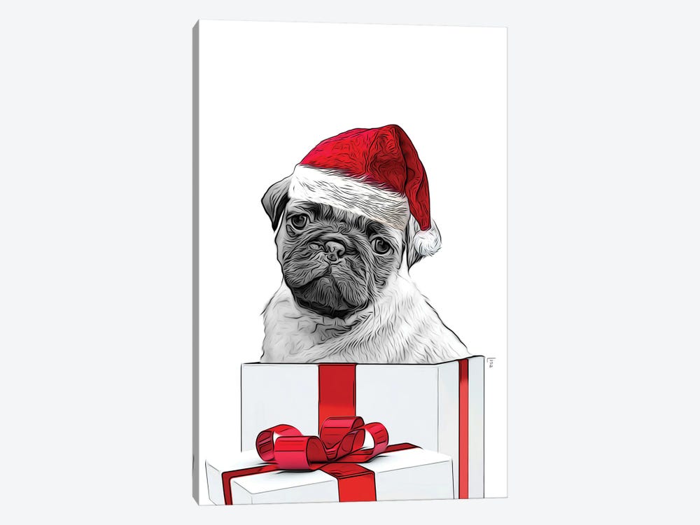 Pug Drawing With Christmas Hat, Christmas Gift Card by Printable Lisa's Pets 1-piece Canvas Art Print