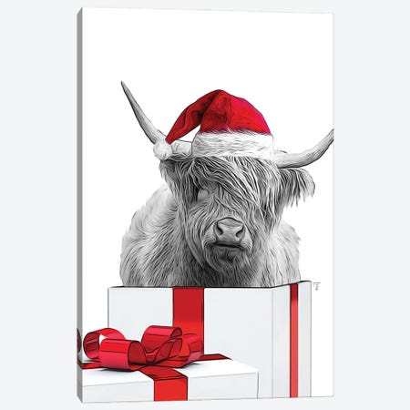 Highland With Christmas Hat, Christmas Gift Card Canvas Print #LIP398} by Printable Lisa's Pets Canvas Art