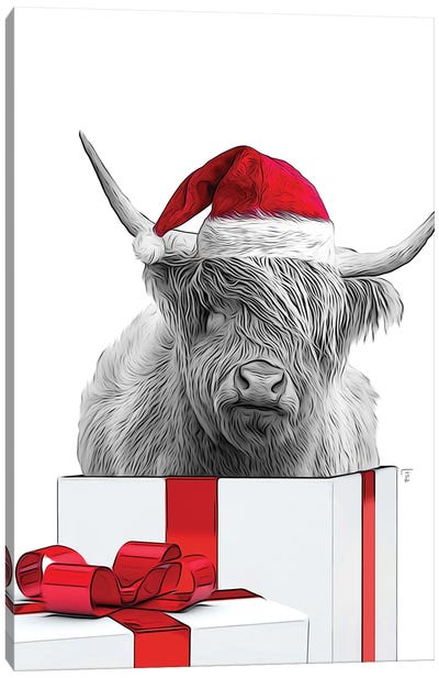 Highland With Christmas Hat, Christmas Gift Card Canvas Art Print - Christmas Cow Art
